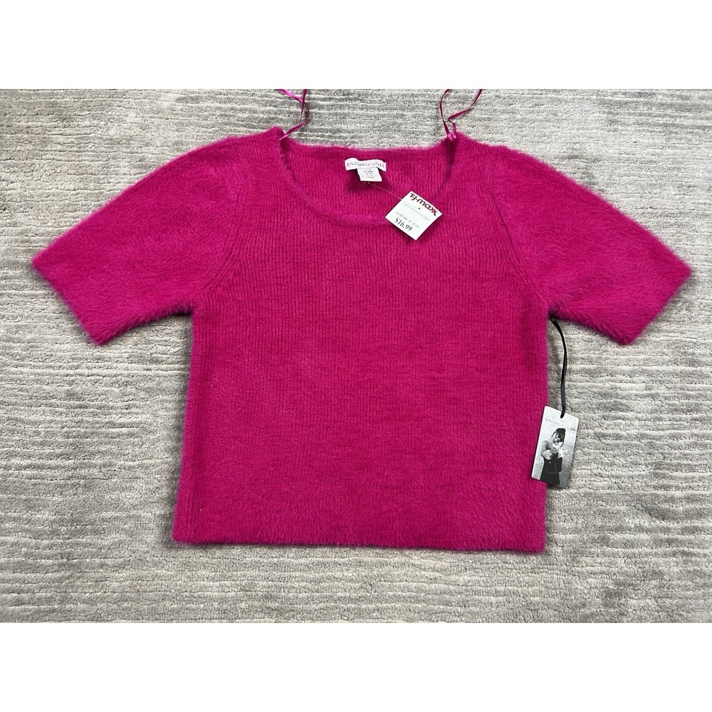 Sincerely Jules Sweater Womens Medium Pink Fuzzy Short Sleeve Nylon Blend NWT